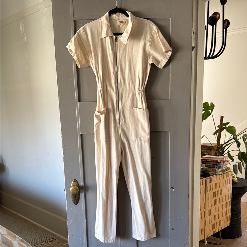 Cream Tailored Jumpsuit with Defined Waist and Cuffed Sleeves
